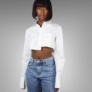 White Asymmetrical Cropped Button Down Top